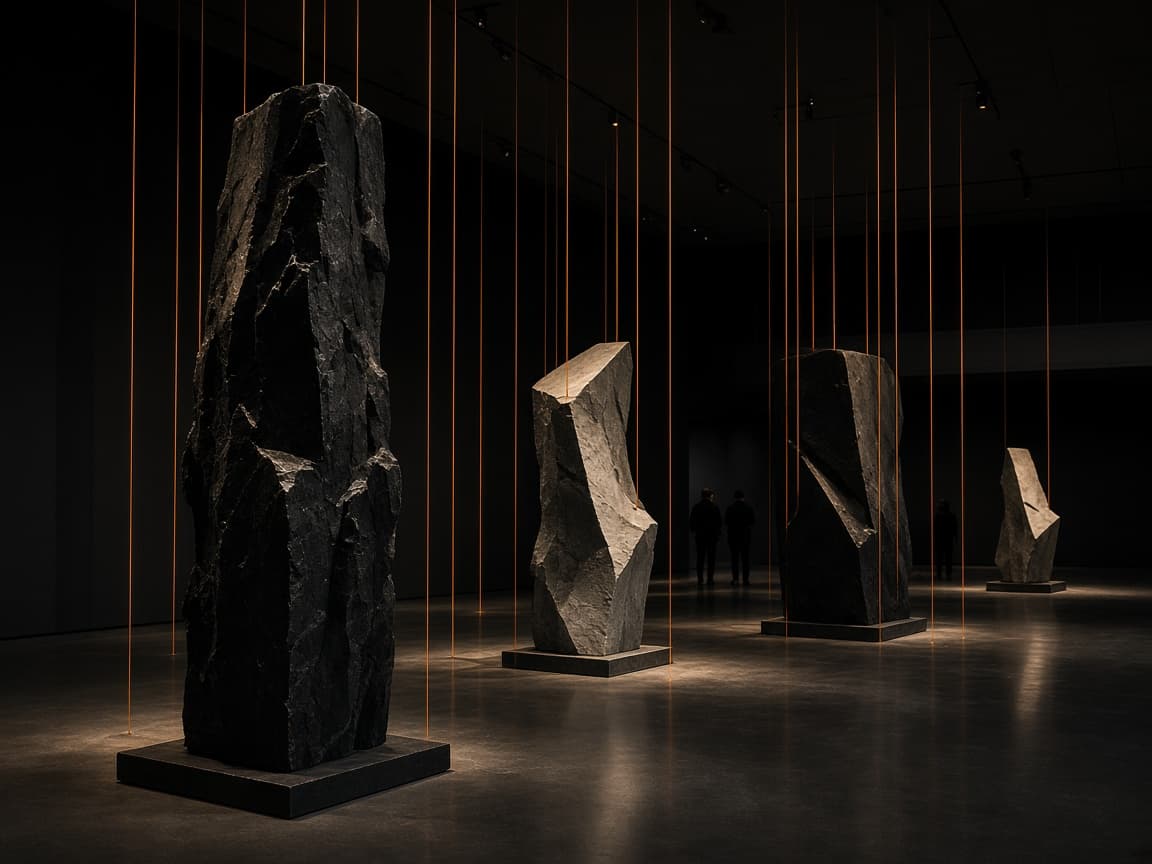 Monolithic sculptures and amber light lines in a dark gallery