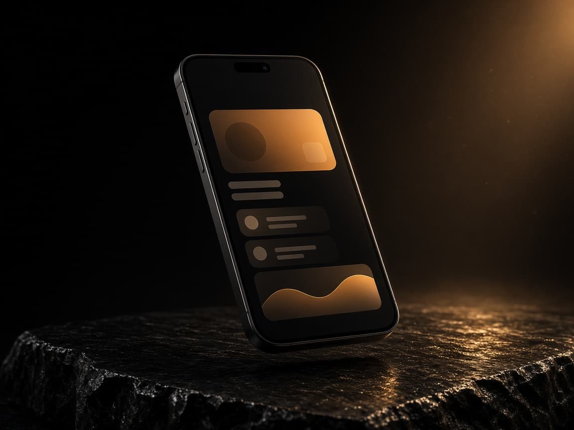 Dark smartphone showing an amber banking interface on black stone