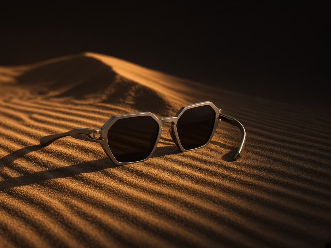 Titanium sunglasses resting on a rippled sand dune at golden hour