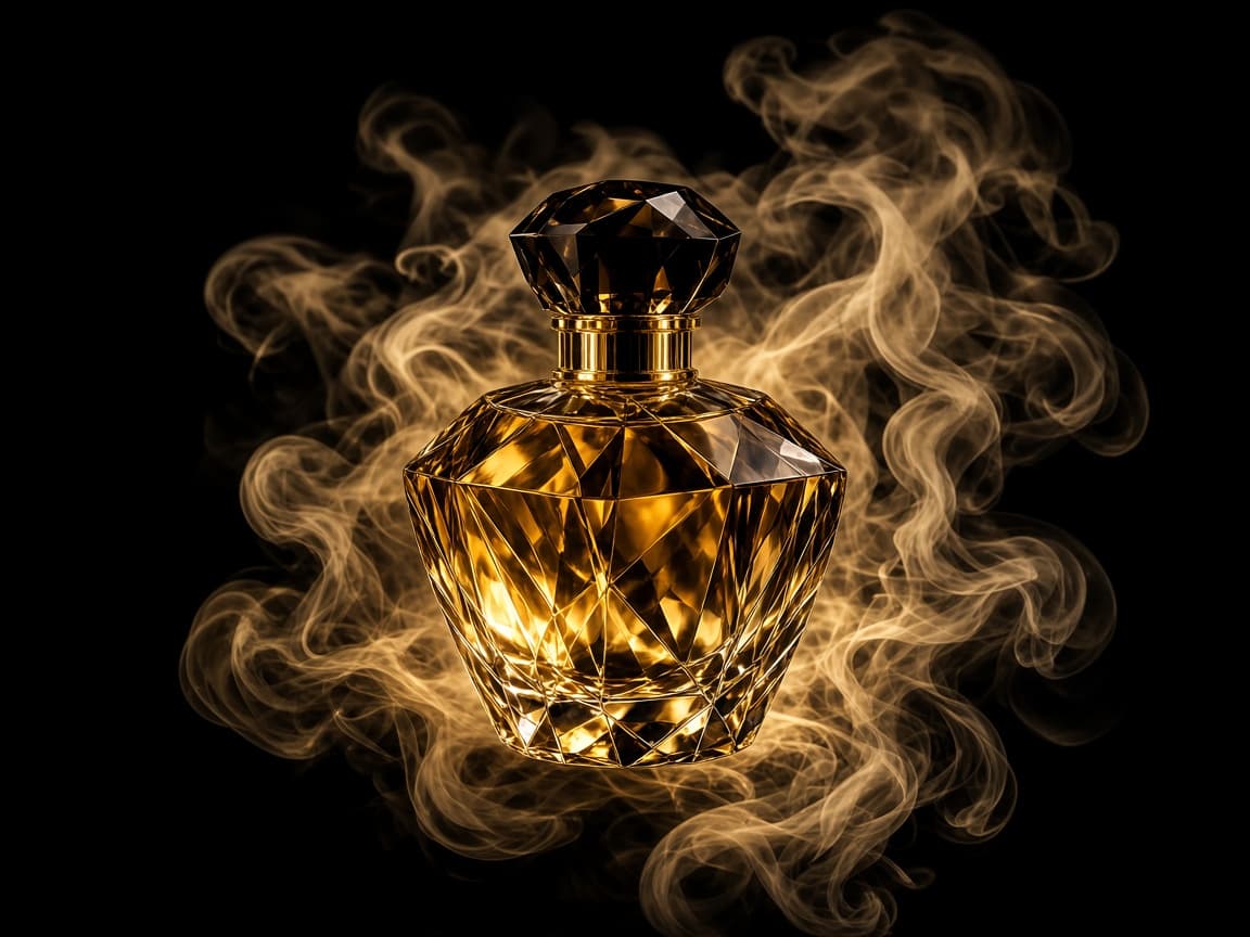 Faceted amber perfume bottle surrounded by golden smoke