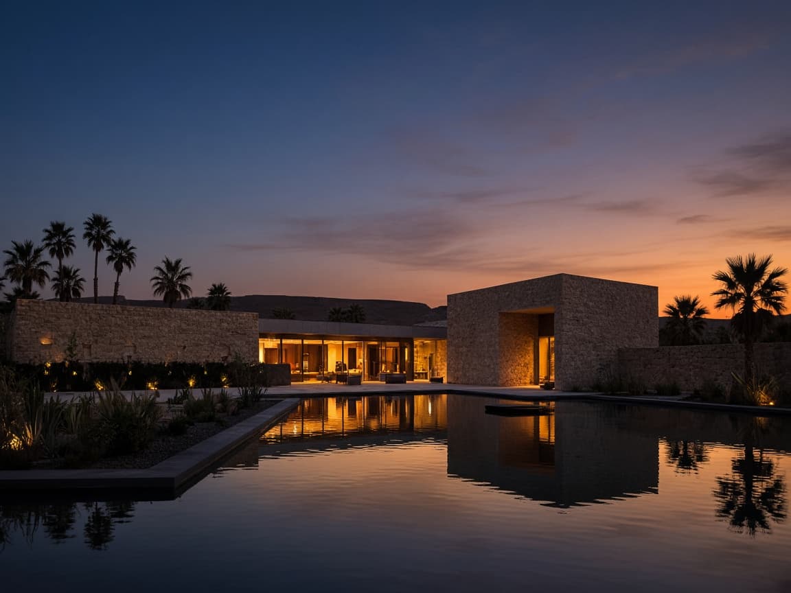 Minimal stone desert hotel with a reflecting pool at dusk
