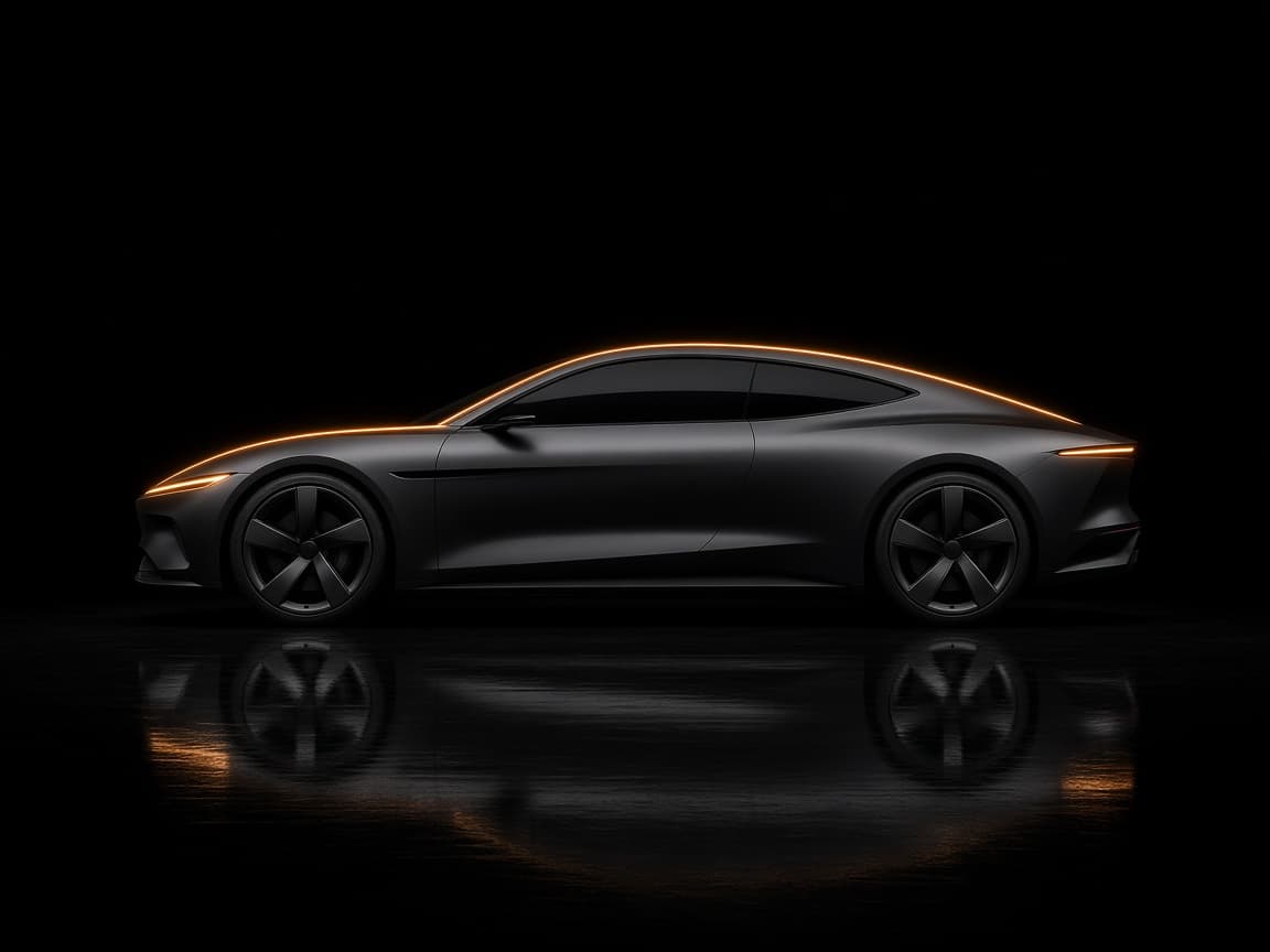 Graphite electric coupe traced by a single amber light line